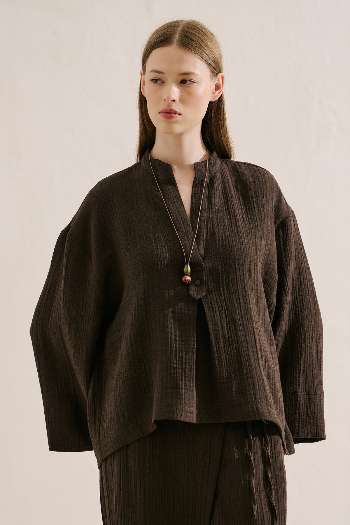 Muslin Wide-Sleeve Blouse Brown