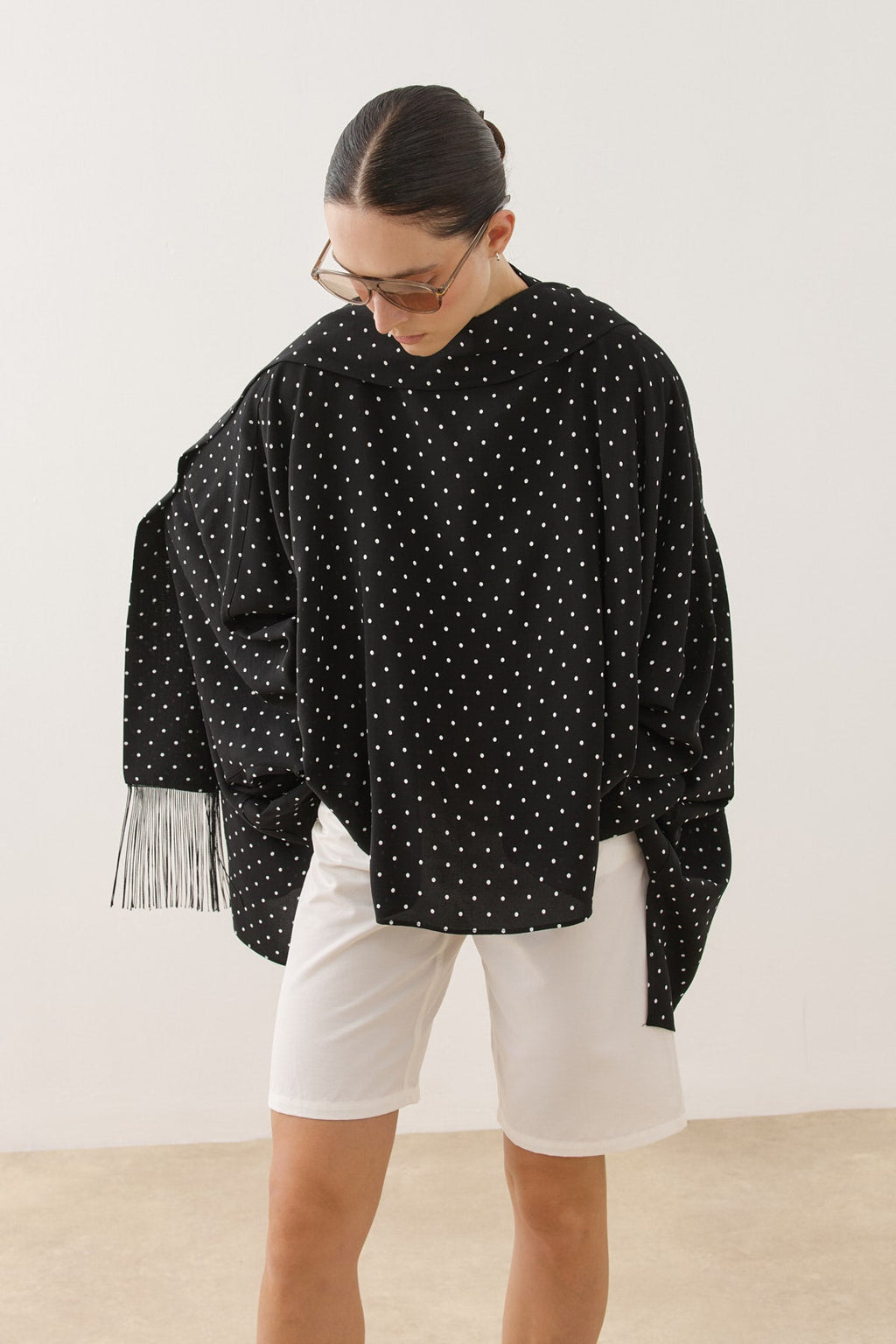 Polka Dot Poncho Blouse with Tassel Scarf Detail Black