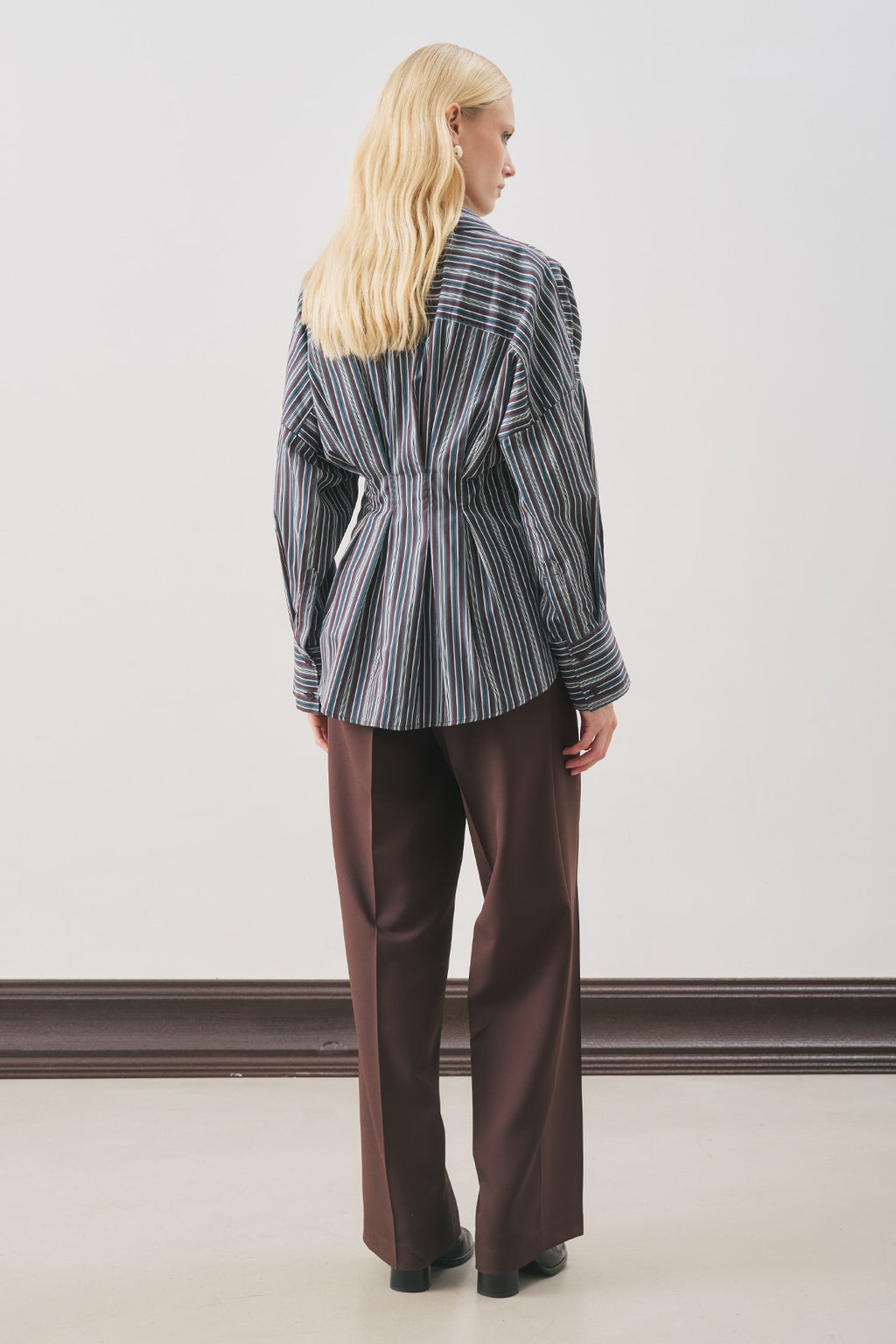 Pleated-Detail Shirt Brown Striped