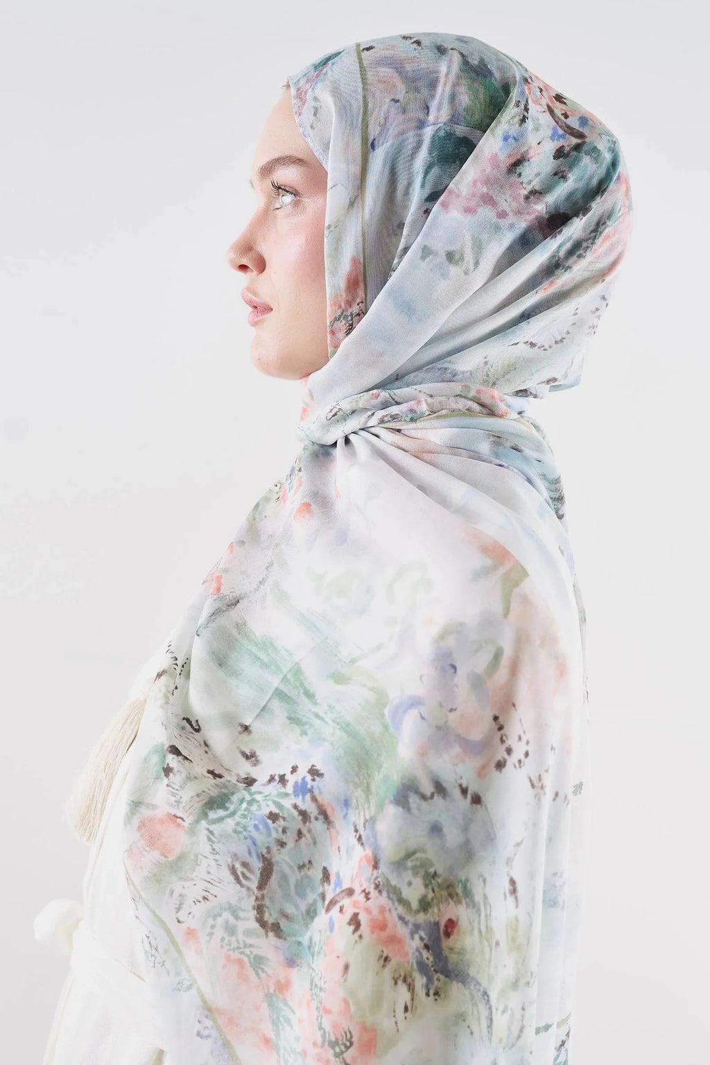 Floral Symphony Ramie Viscose Shawl Blue