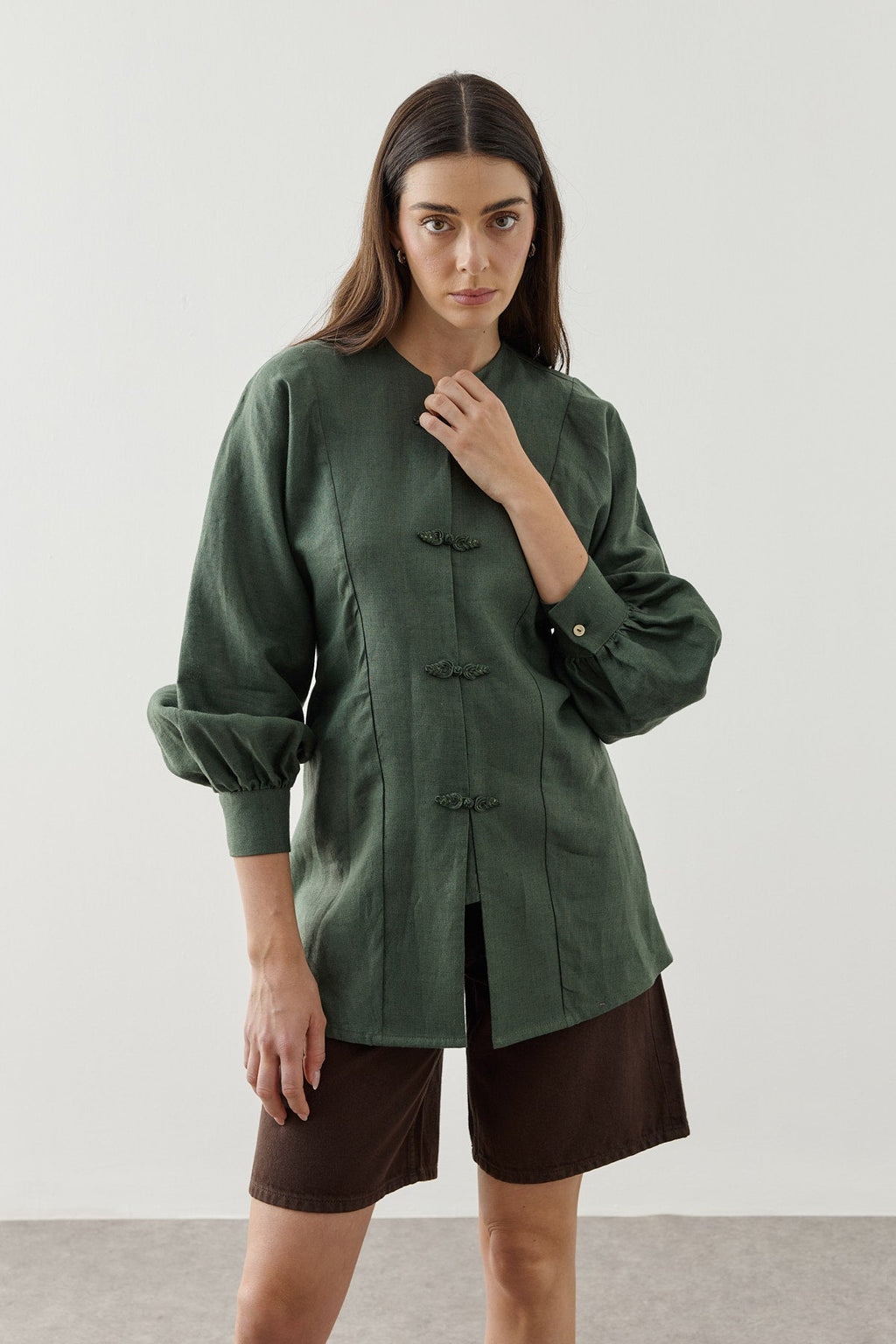 Linen Japandi Button-Up Shirt Jacket Dark Green