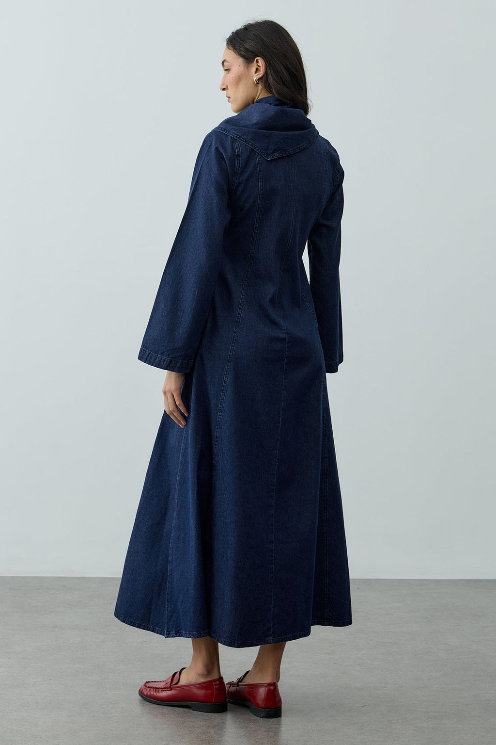 Scarf Detailed Denim Dress Navy Blue