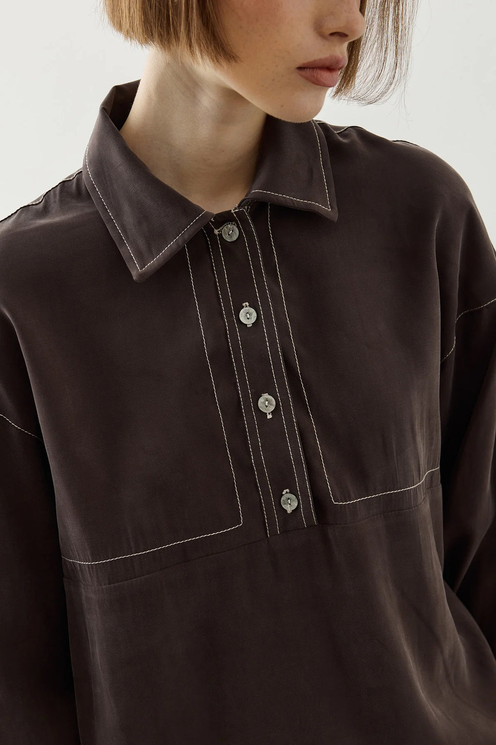 Contrast-Stitch Tencel Shirt Brown