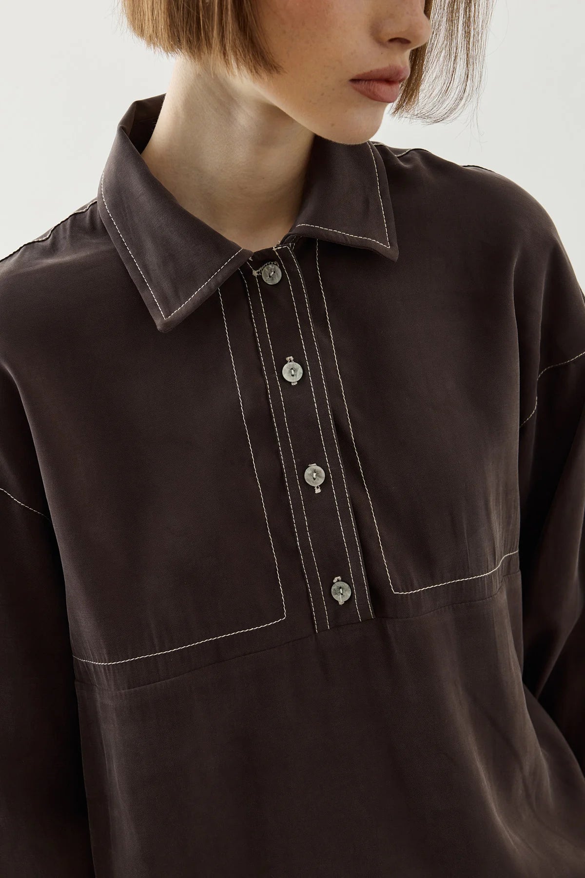 Contrast-Stitch Tencel Shirt Brown