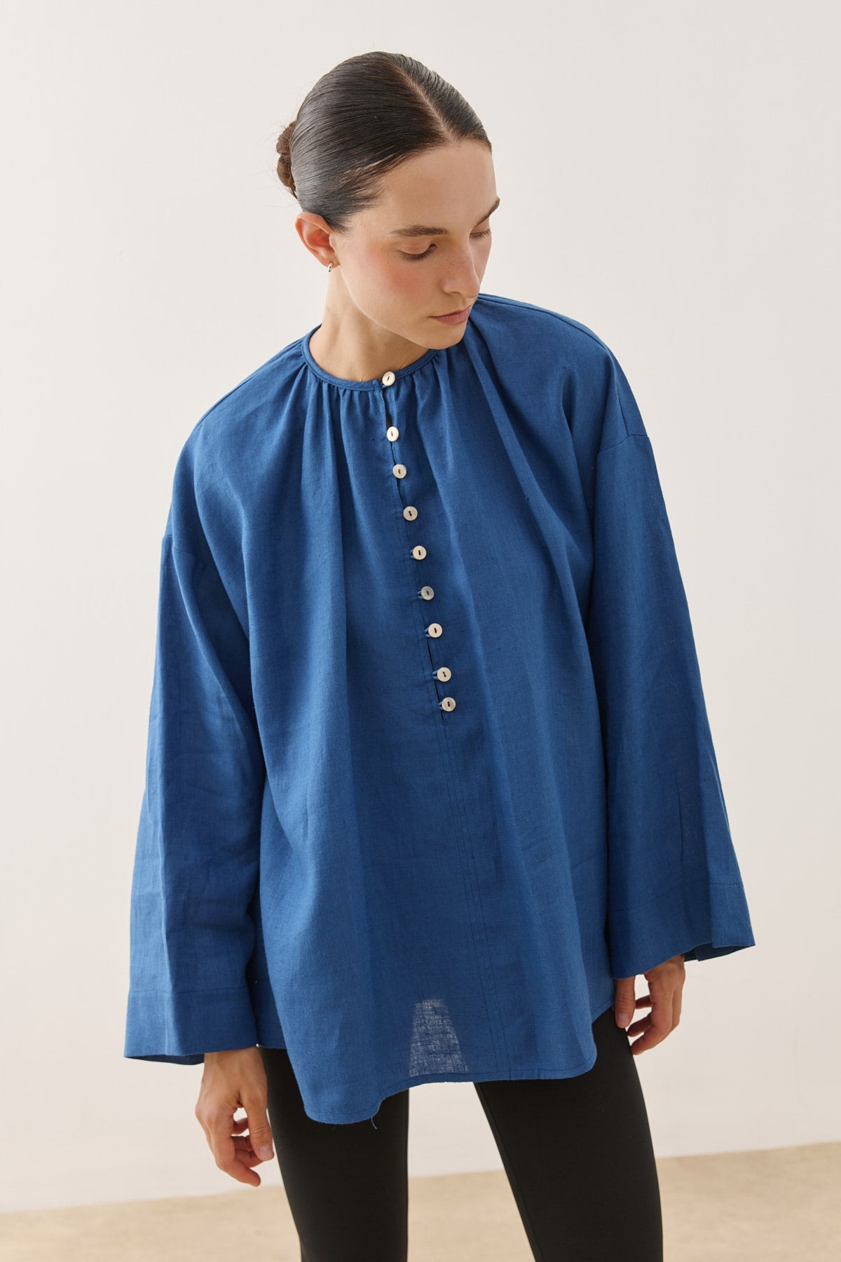 Crew Neck Linen Shirt Cobalt Blue