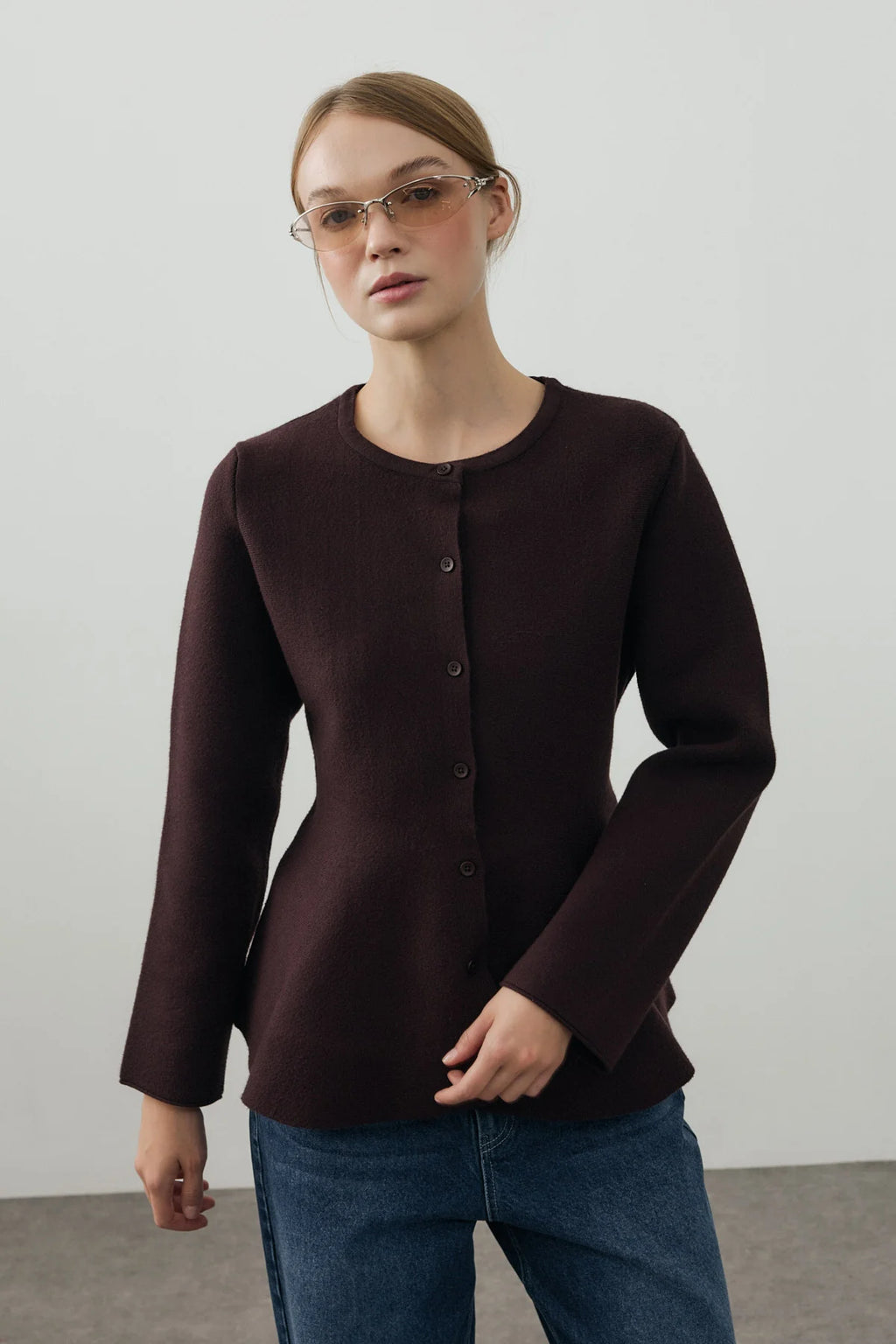 Wavy-Hem Knit Jacket Dark Brown