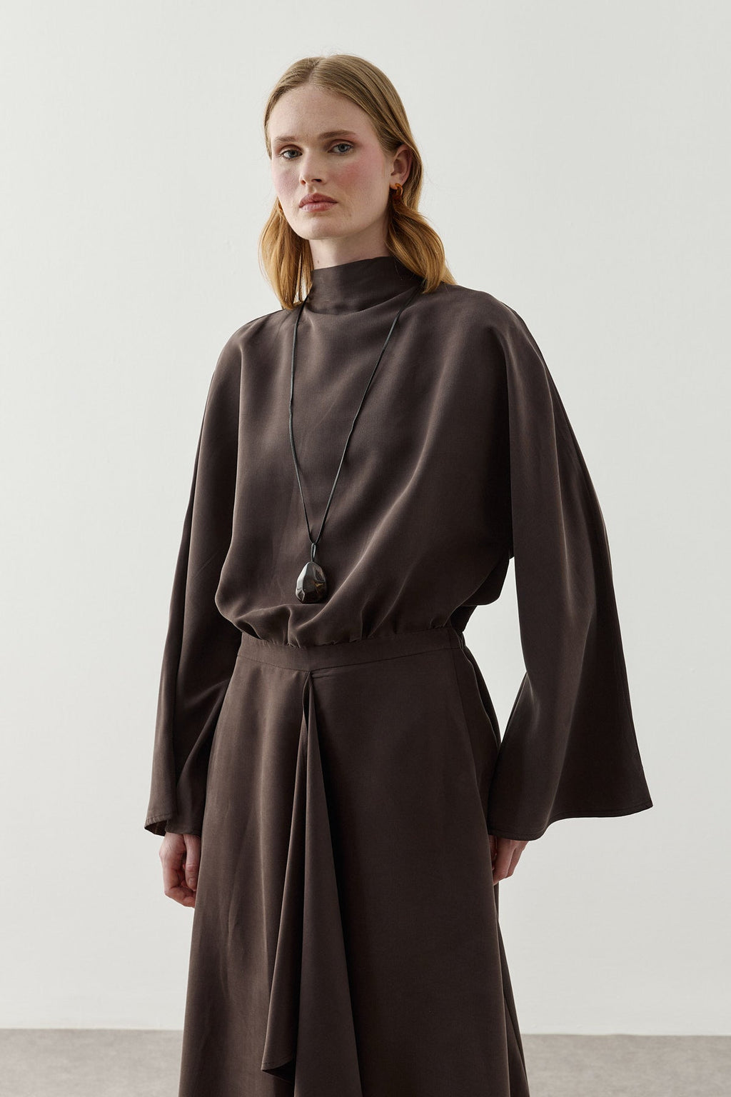 Front Panelled Tencel Dress Brown