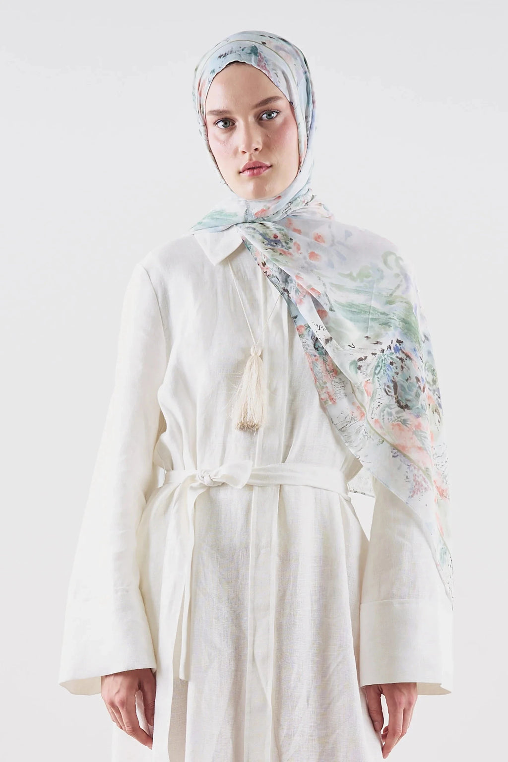 Floral Symphony Ramie Viscose Shawl Blue