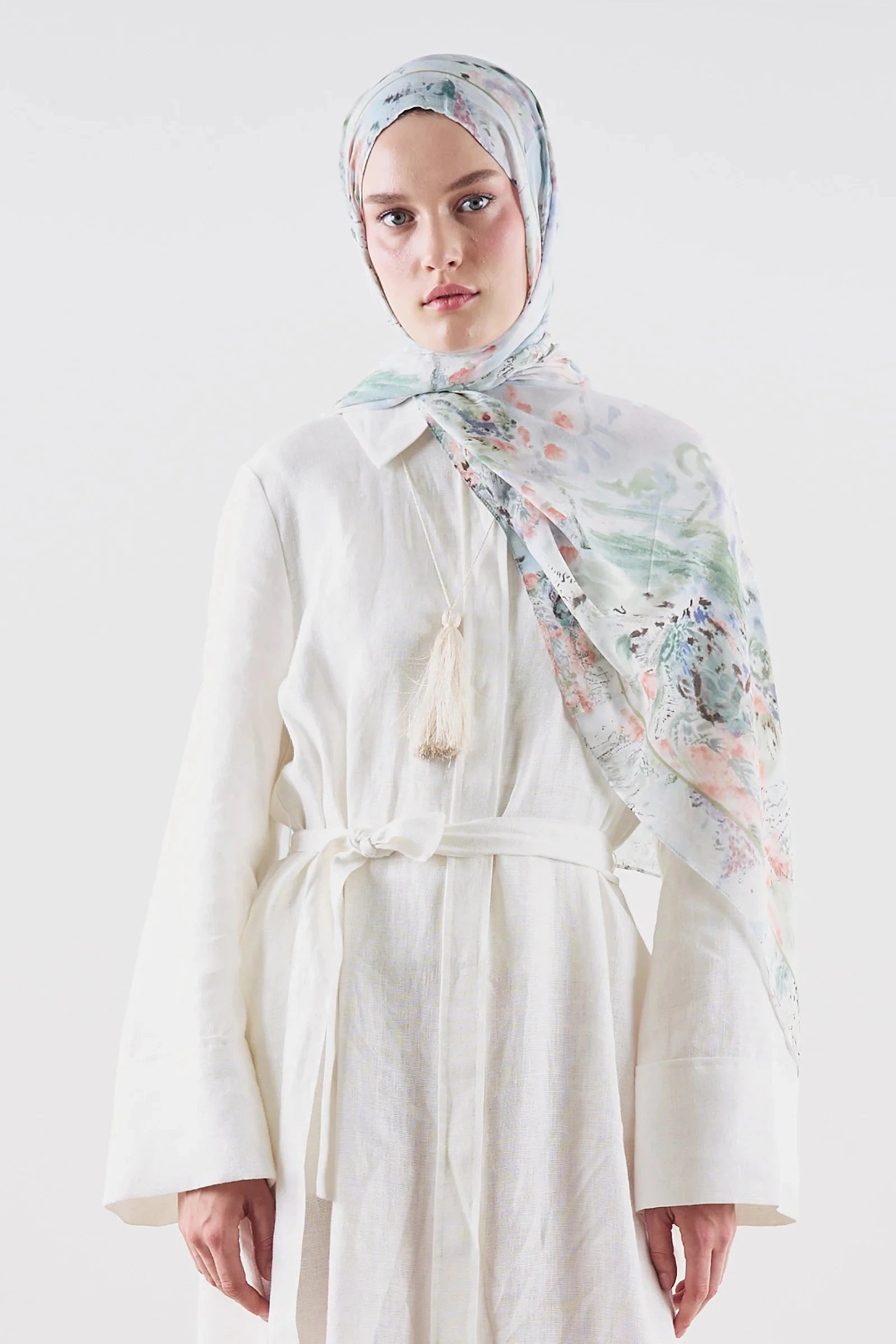 Floral Symphony Ramie Viscose Shawl Blue