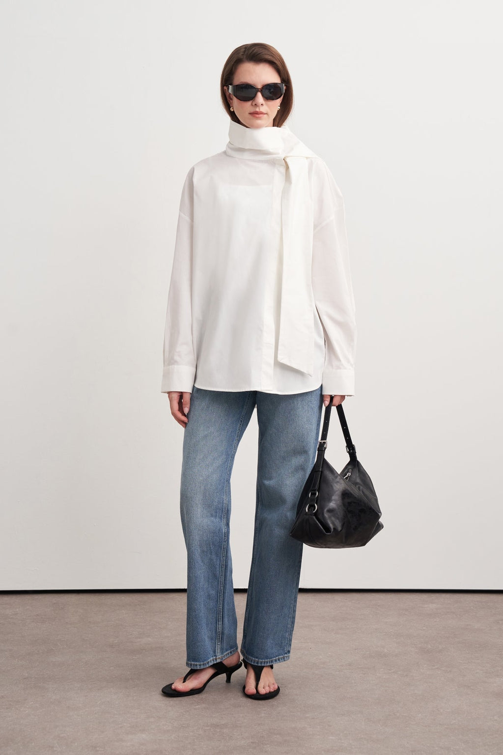 High-Neck Tie-Detail Poplin Shirt White
