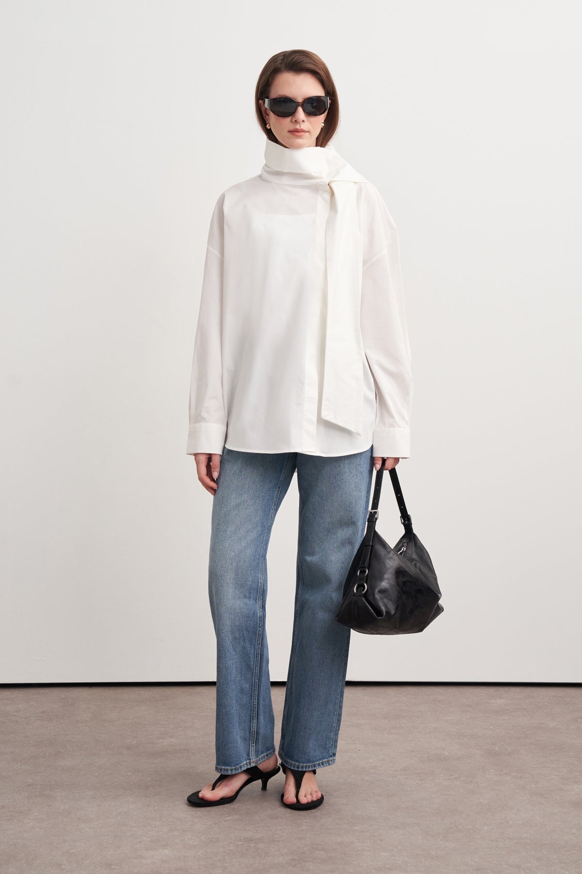 High-Neck Tie-Detail Poplin Shirt White