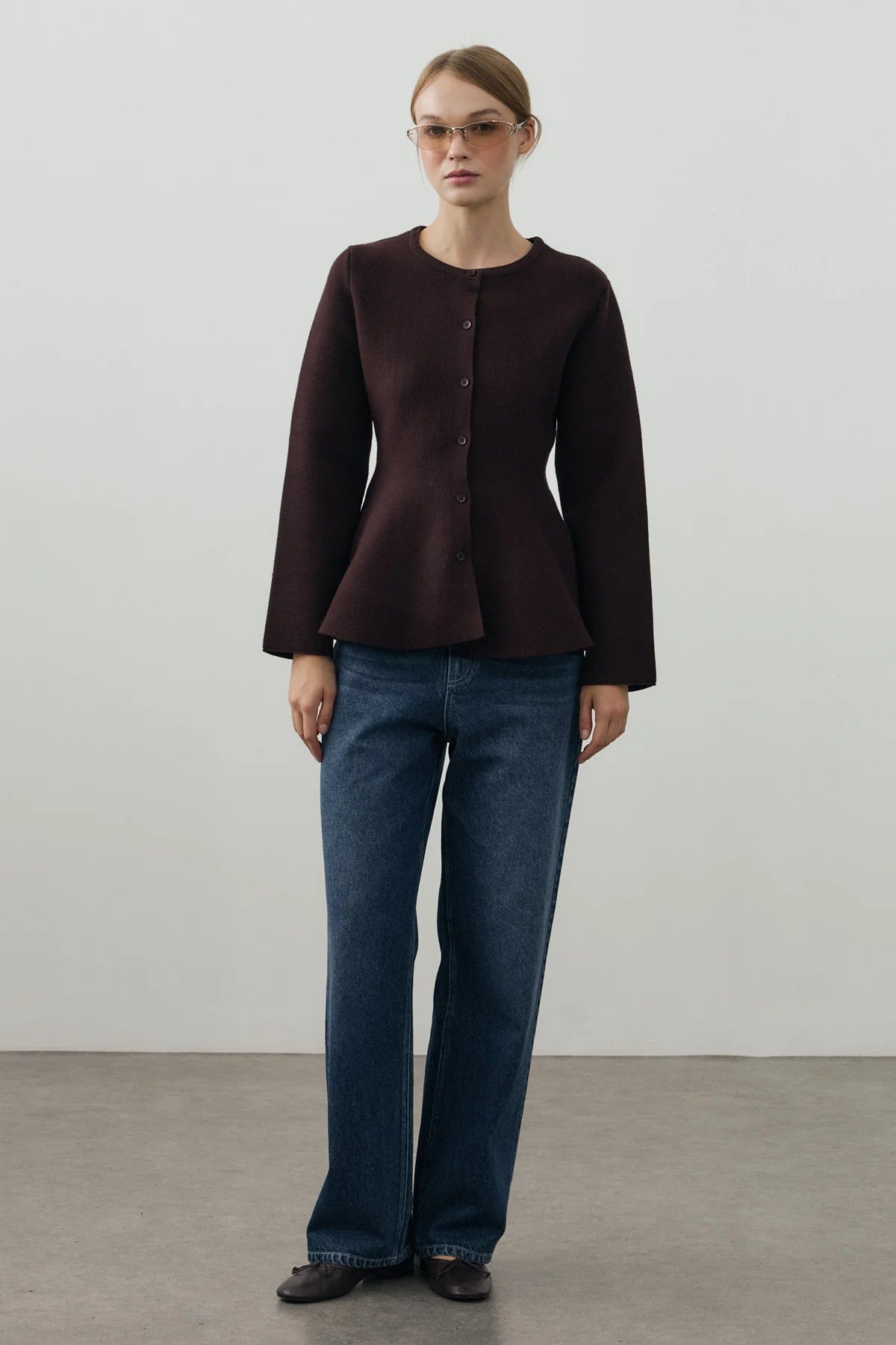 Wavy-Hem Knit Jacket Dark Brown