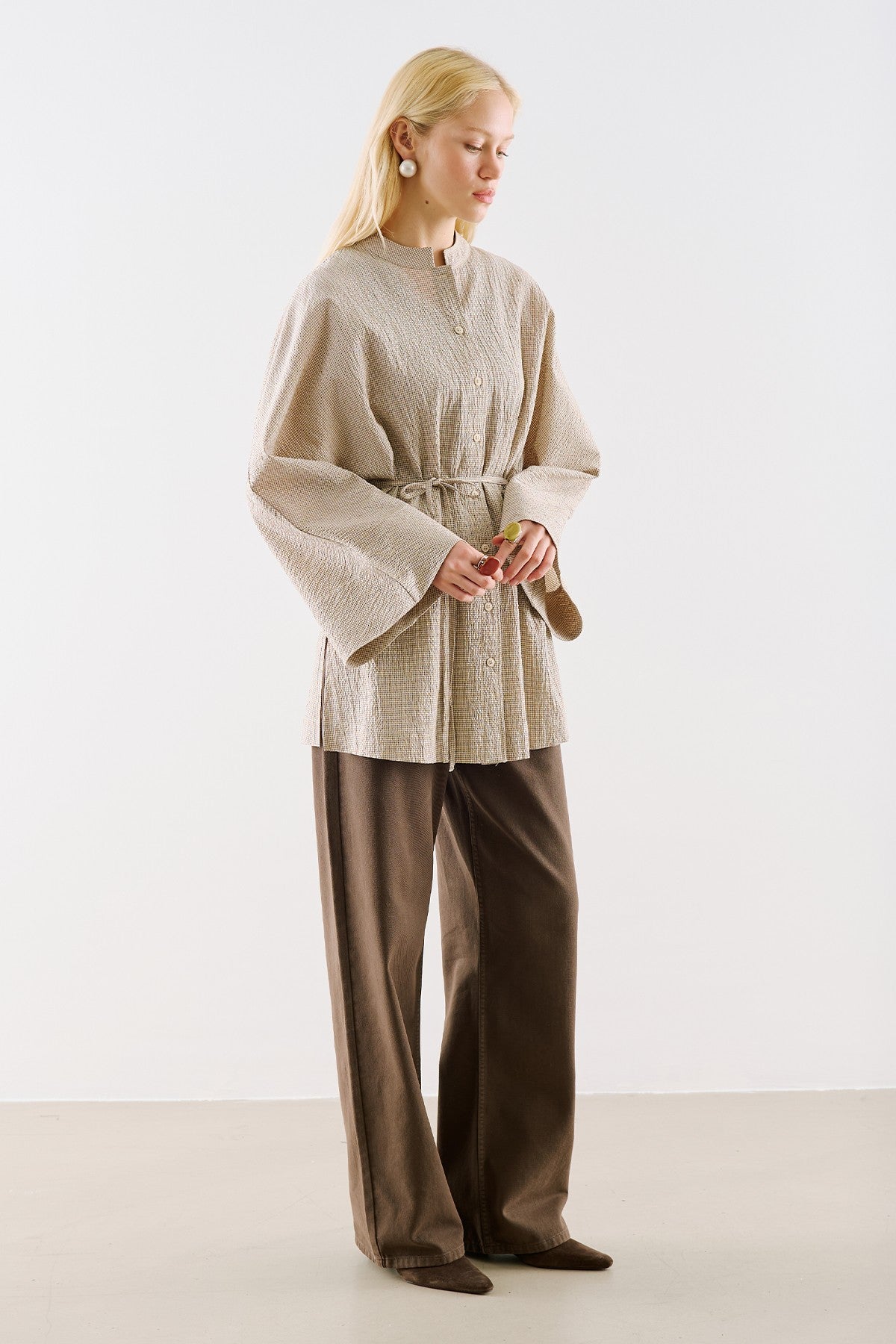 Wide-Sleeve Belted Tunic Beige