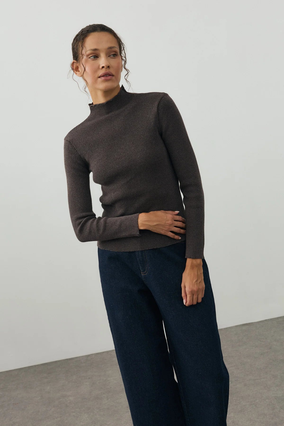 Fine-Ribbed Cotton Knit Bodysuit Brown