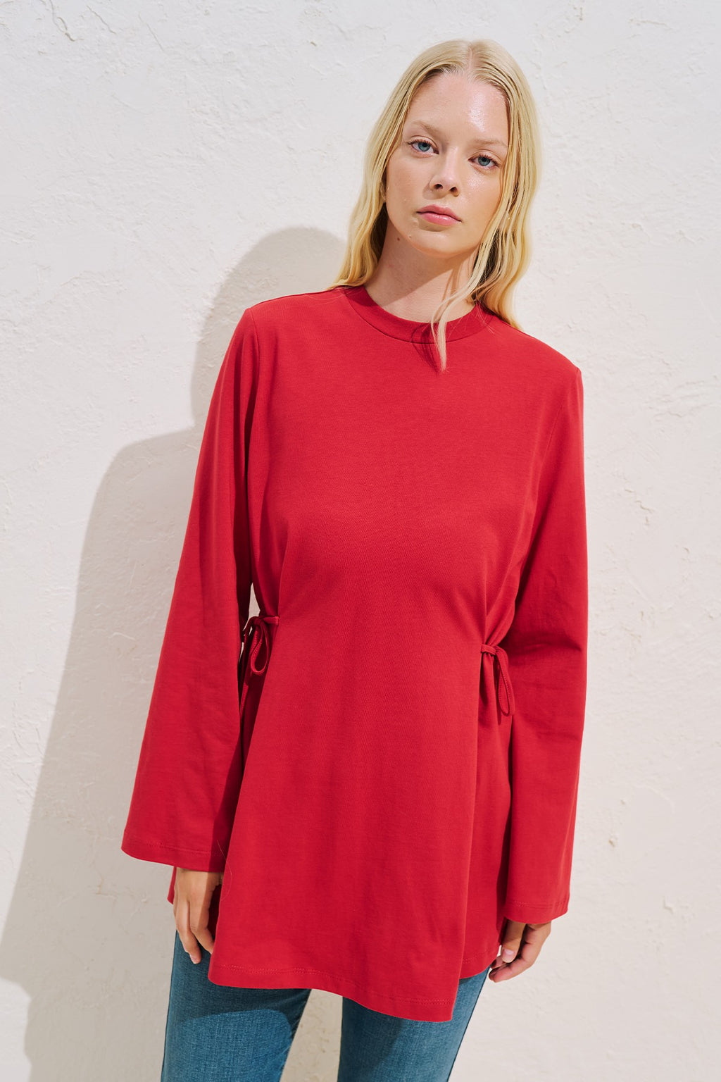 Waist Tie Long Sleeve T-Shirt Red