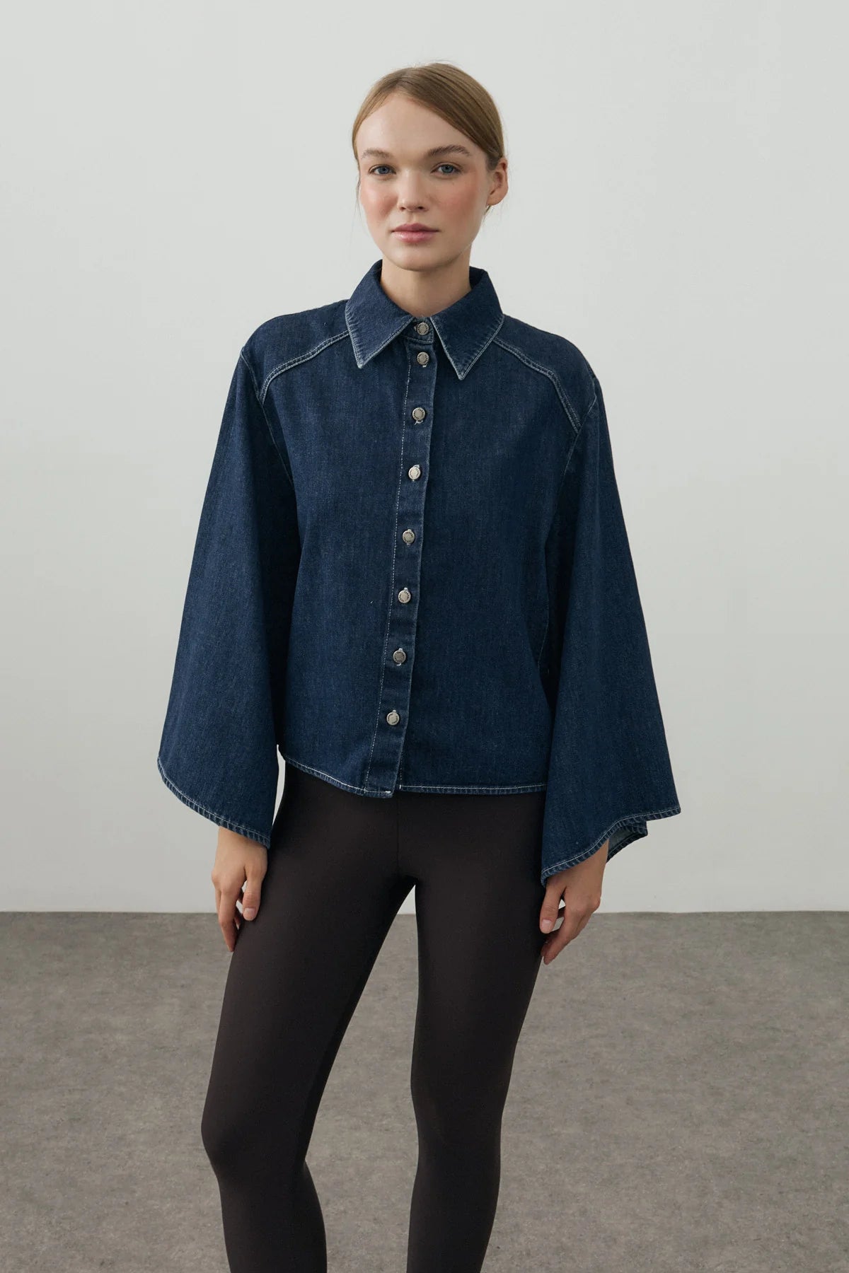 Wide-Sleeve Denim Shirt Dark Blue