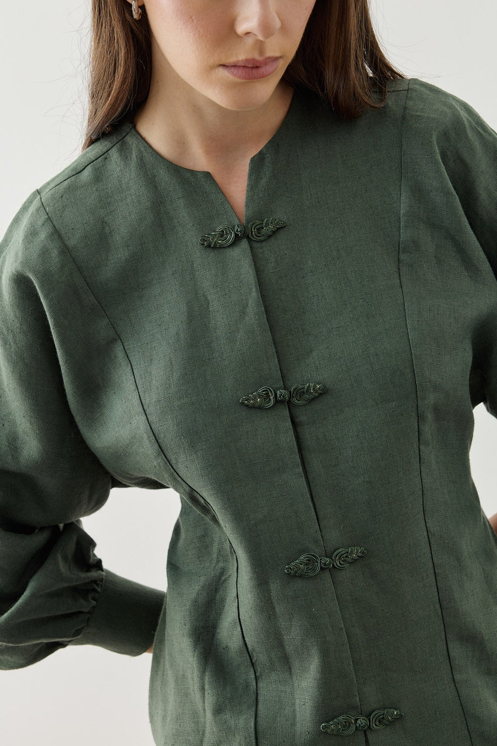 Linen Japandi Button-Up Shirt Jacket Dark Green