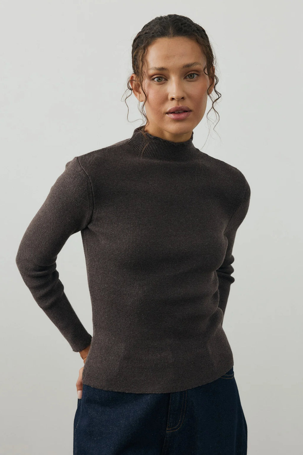 Fine-Ribbed Cotton Knit Bodysuit Brown