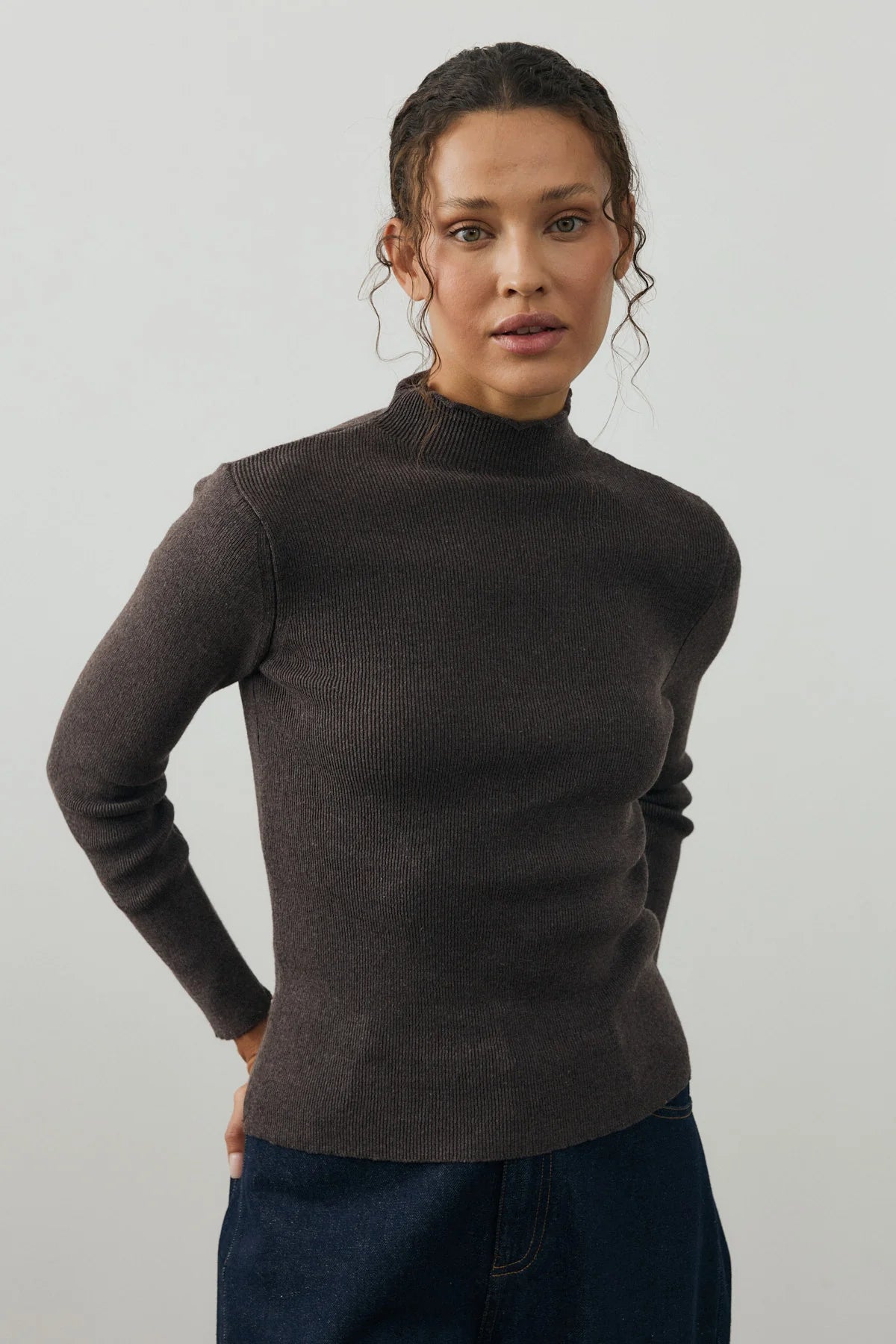 Fine-Ribbed Cotton Knit Bodysuit Brown