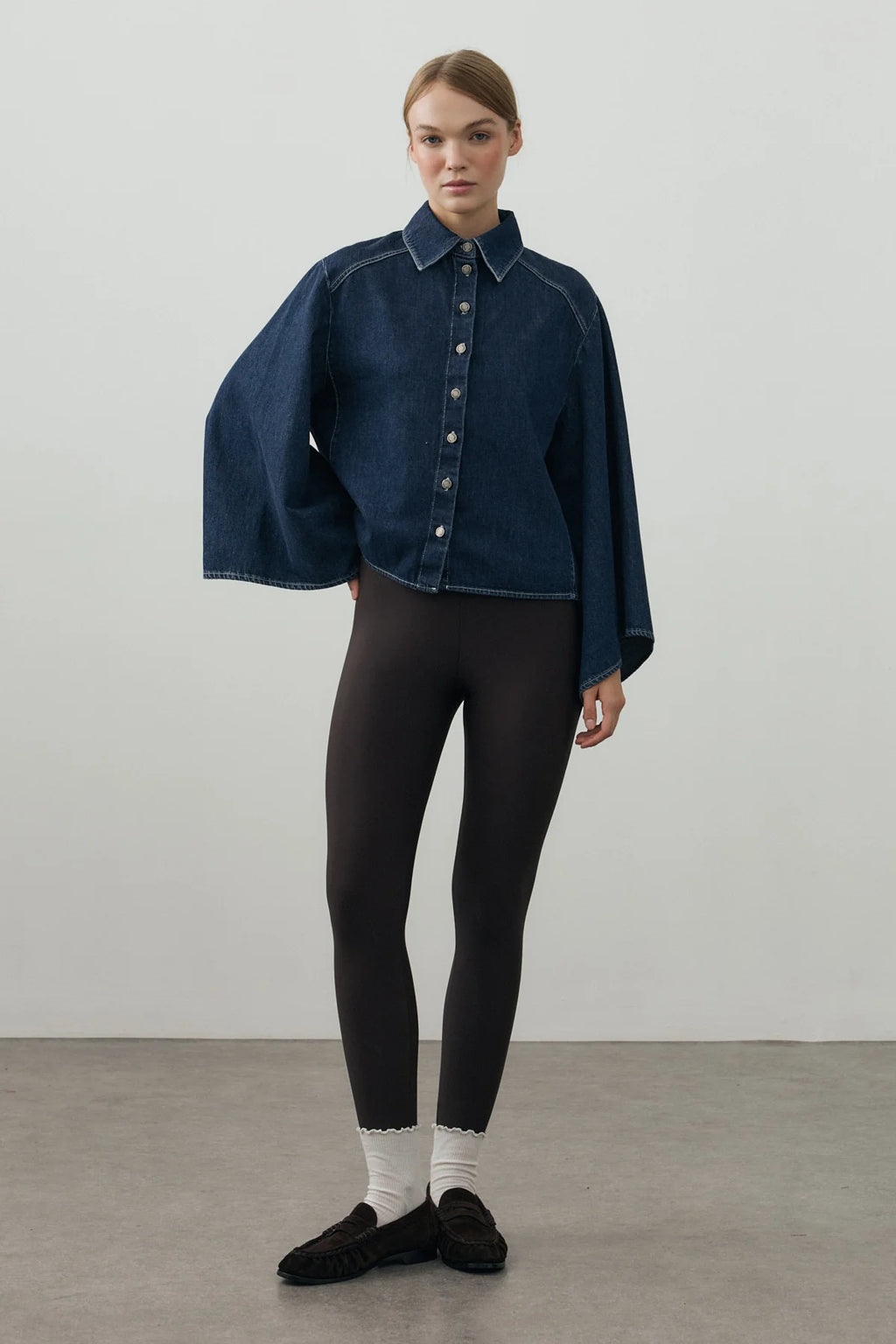 Wide-Sleeve Denim Shirt Dark Blue