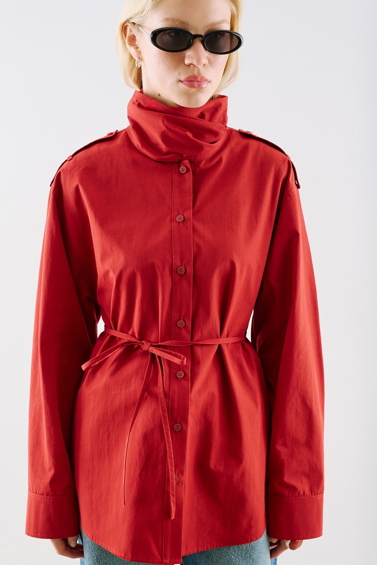 Scarf-Tie Collar Shirt Red