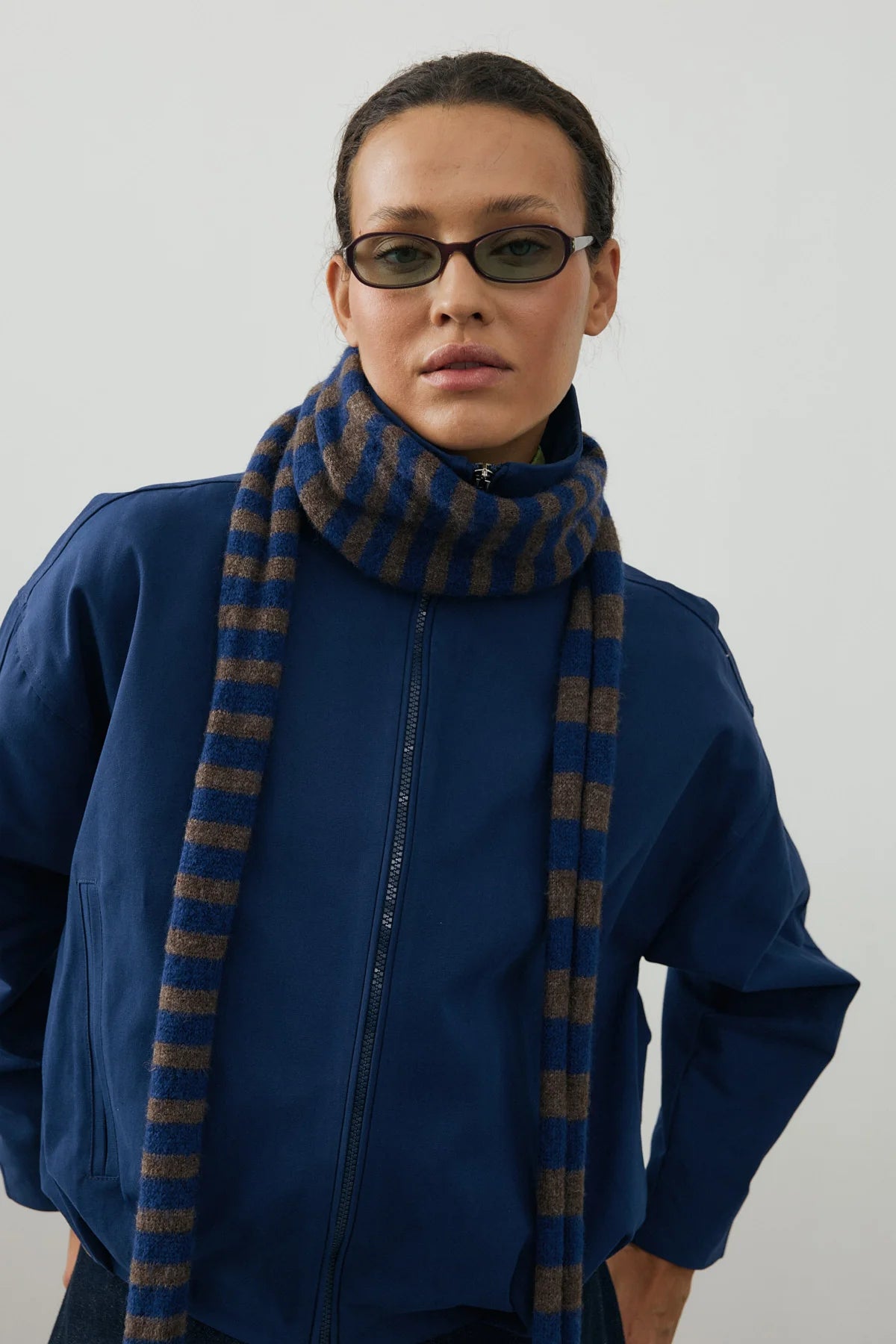 Striped Slim Scarf Royal Blue And Brownish Gray