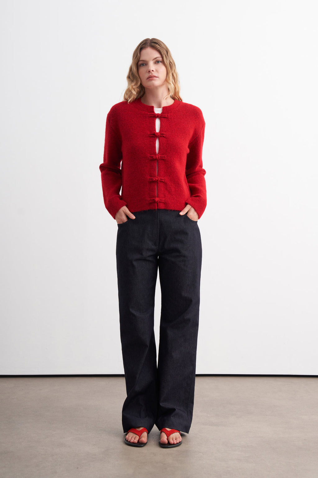 Button-Detail Brushed Cardigan Red