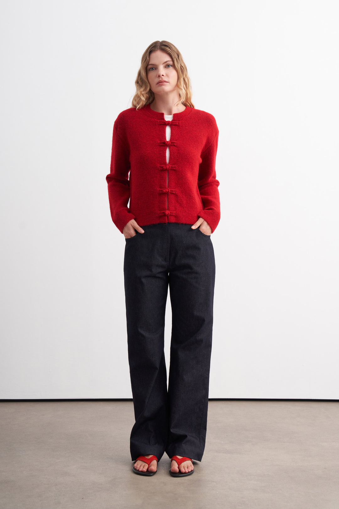 Button-Detail Brushed Cardigan Red