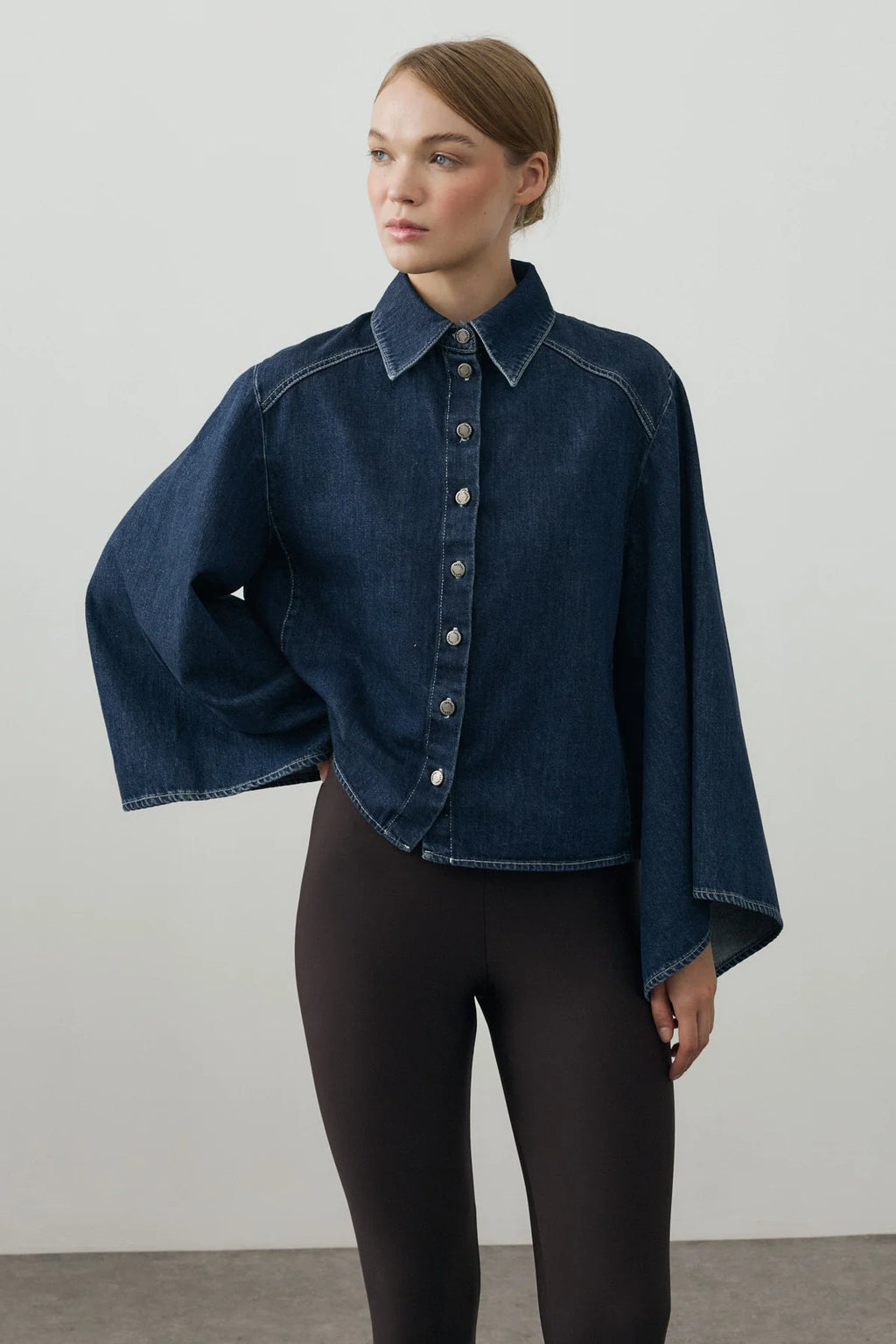 Wide-Sleeve Denim Shirt Dark Blue