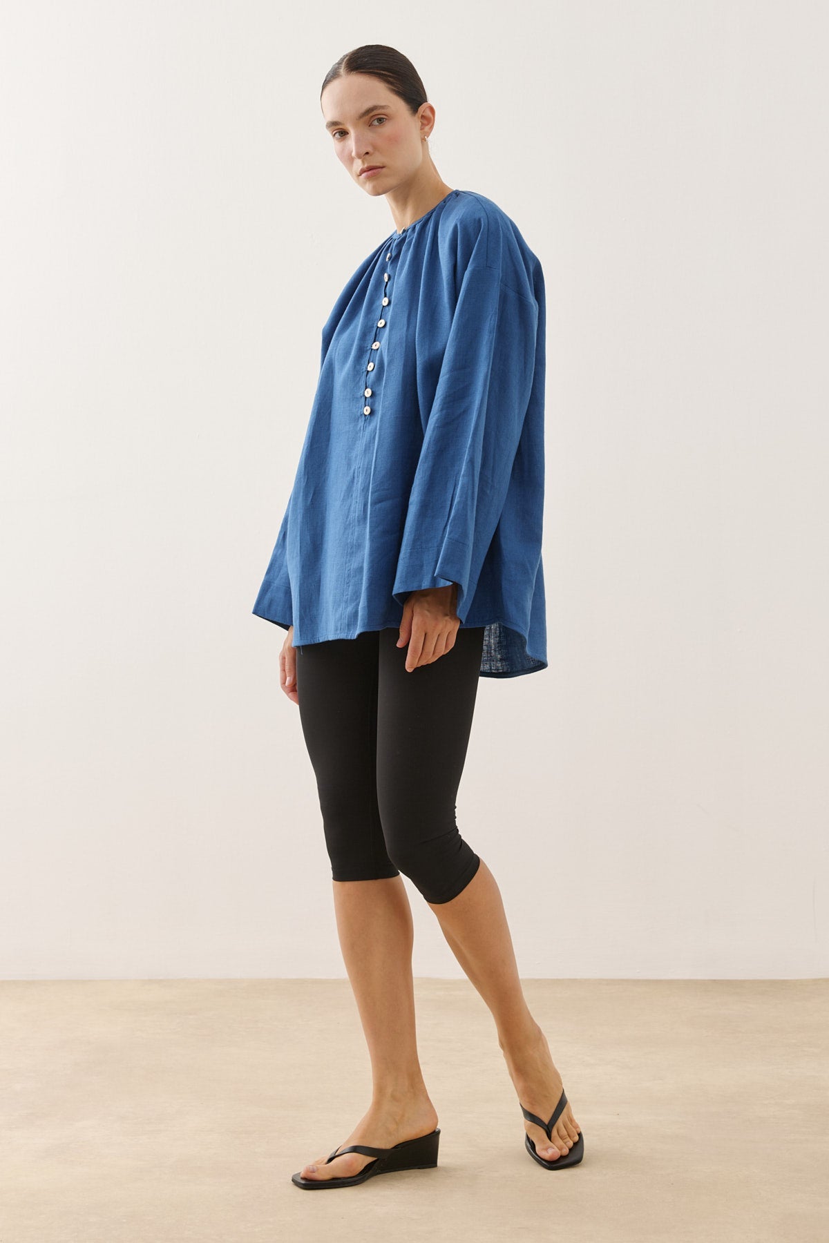 Crew Neck Linen Shirt Cobalt Blue