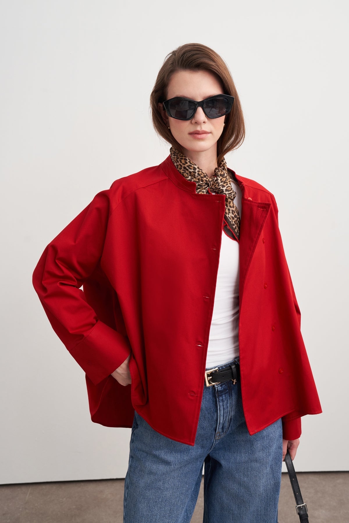 Gabardine Stand-Collar Trench Shirt Red