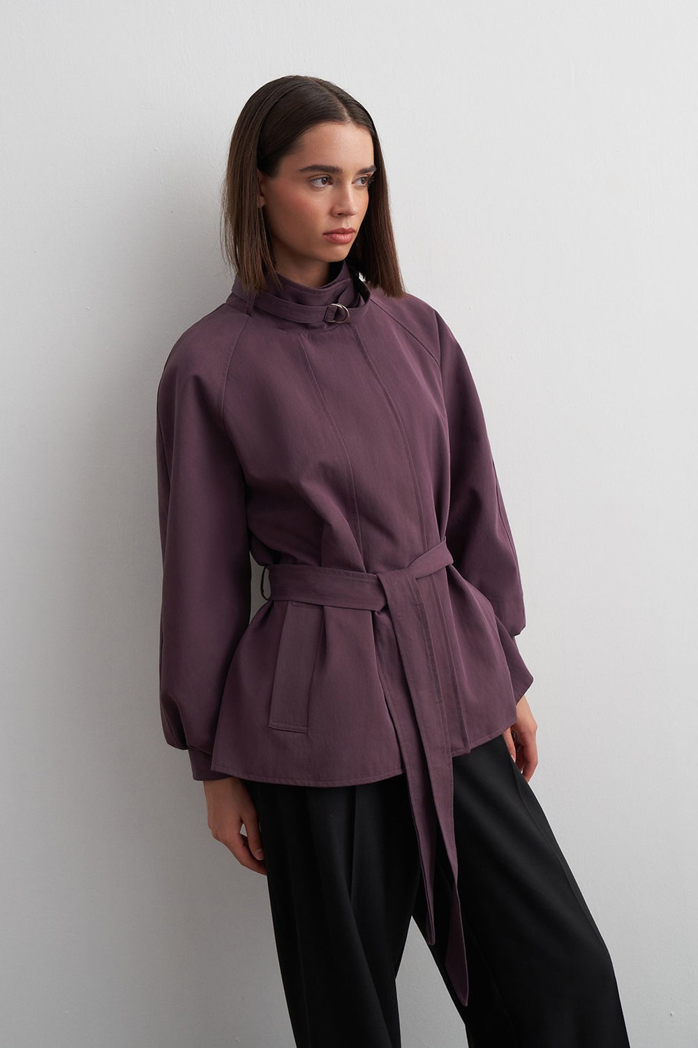 Stand-Collar Mid-Length Trench Coat Plum