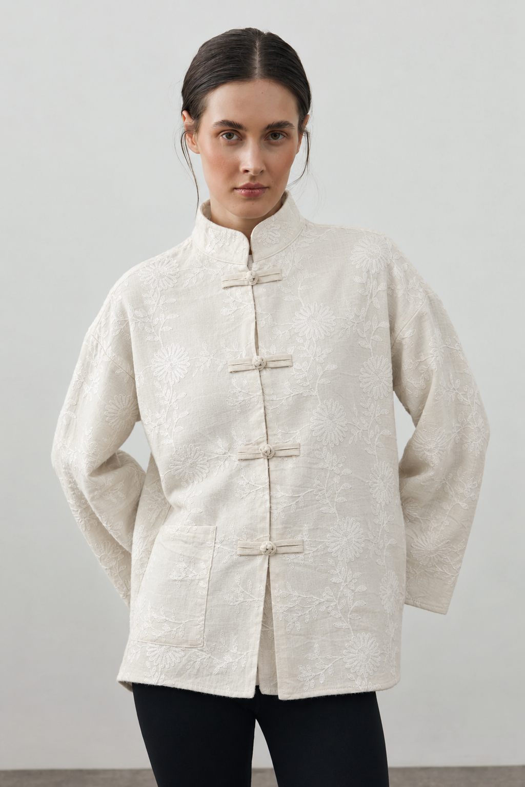 Embroidered Floral Linen Kimono Jacket