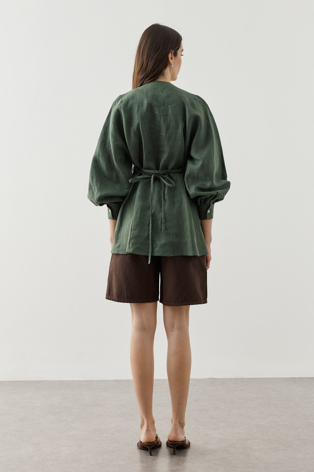 Linen Japandi Button-Up Shirt Jacket Dark Green