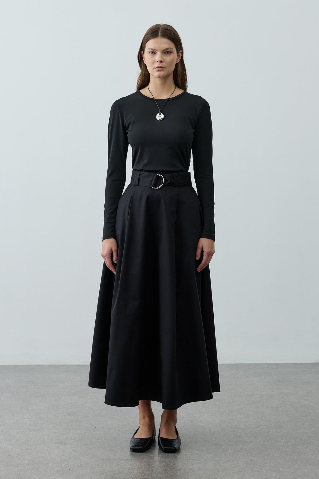 Belted Gabardine Skirt Black