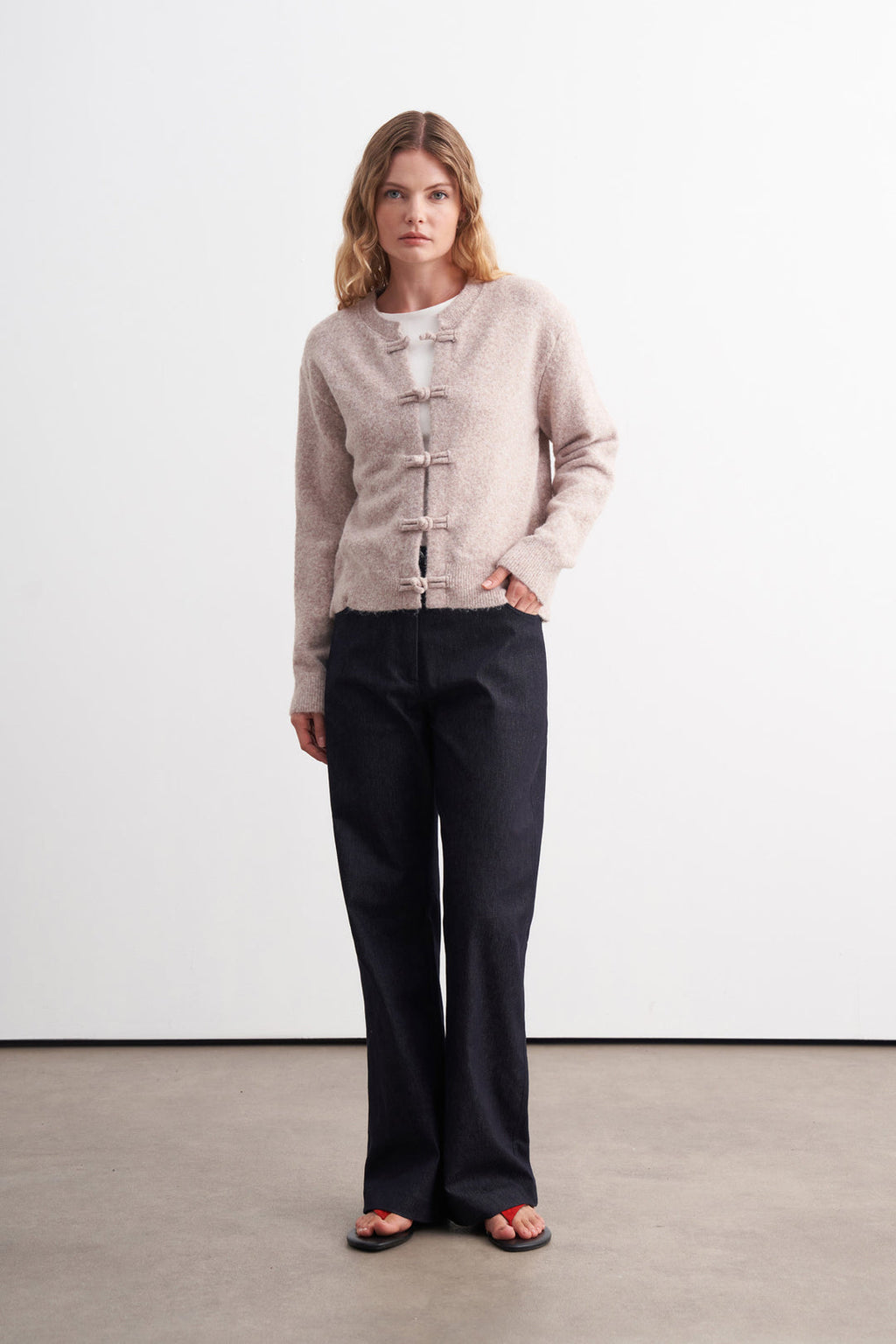 Button-Detail Brushed Cardigan Taupe