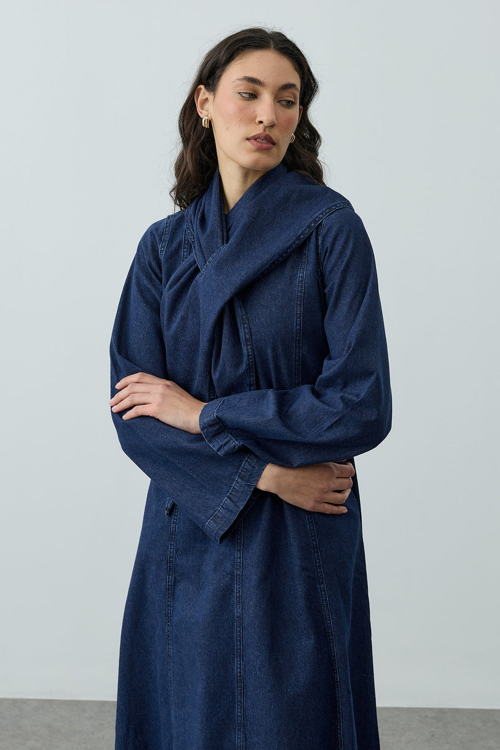 Scarf Detailed Denim Dress Navy Blue