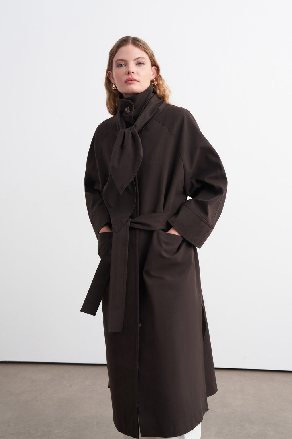 Premium Shawl-Detail Trench Coat Dark Brown