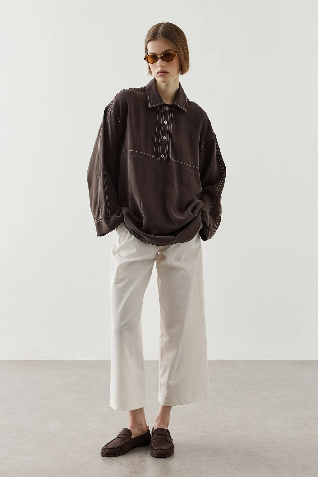 Contrast-Stitch Tencel Shirt Brown