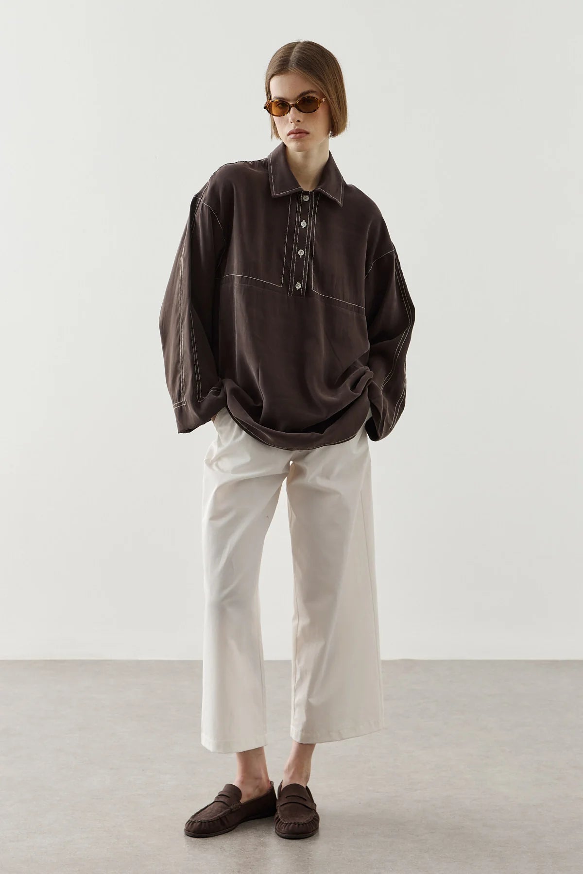 Contrast-Stitch Tencel Shirt Brown