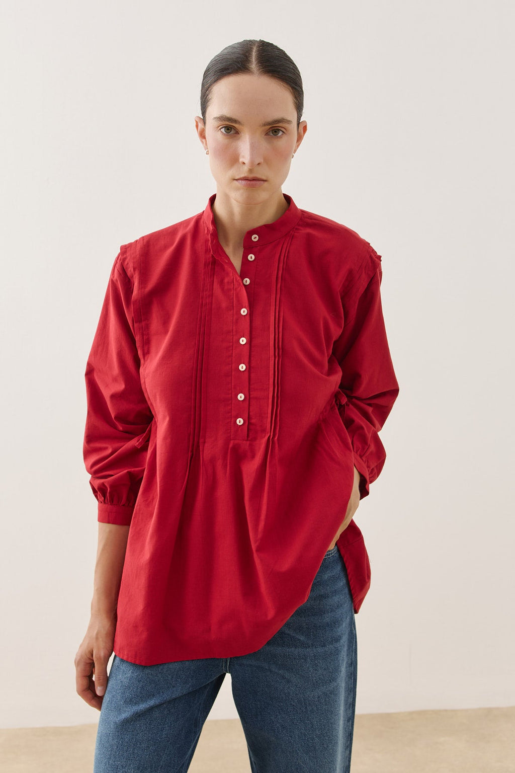 Pleated Cotton Shirt Red