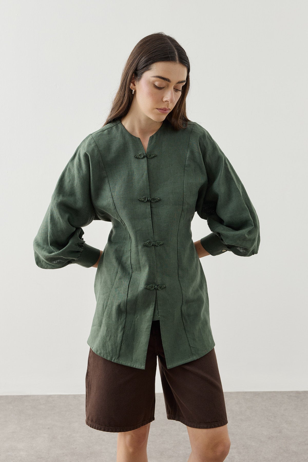 Linen Japandi Button-Up Shirt Jacket Dark Green