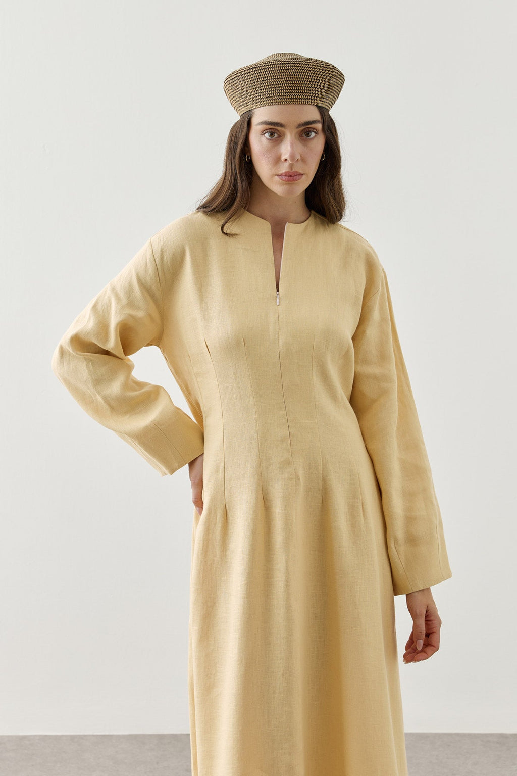 Linen Darted Zip-Up Dress Yellow