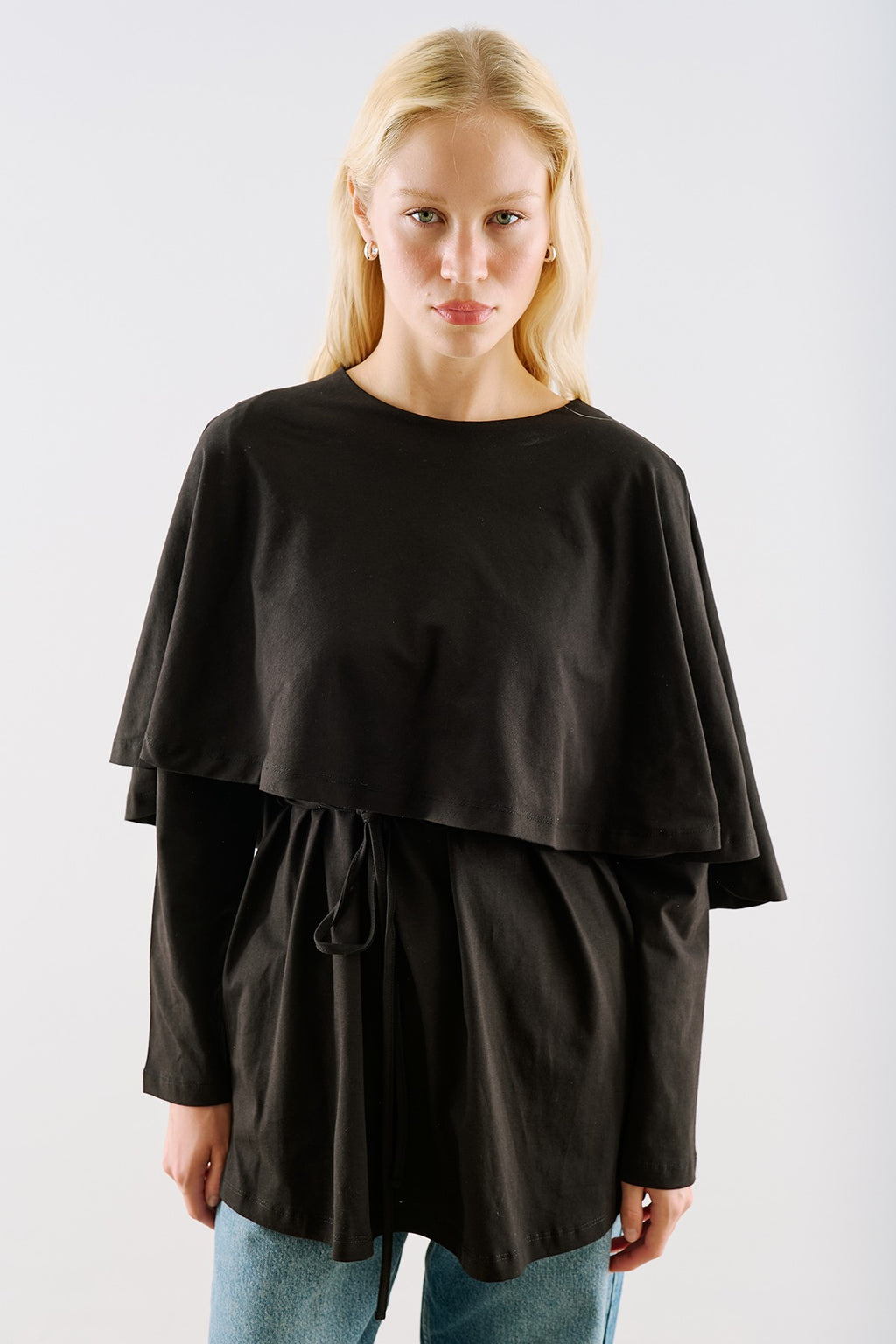 Cape-Style Belted Tunic Black