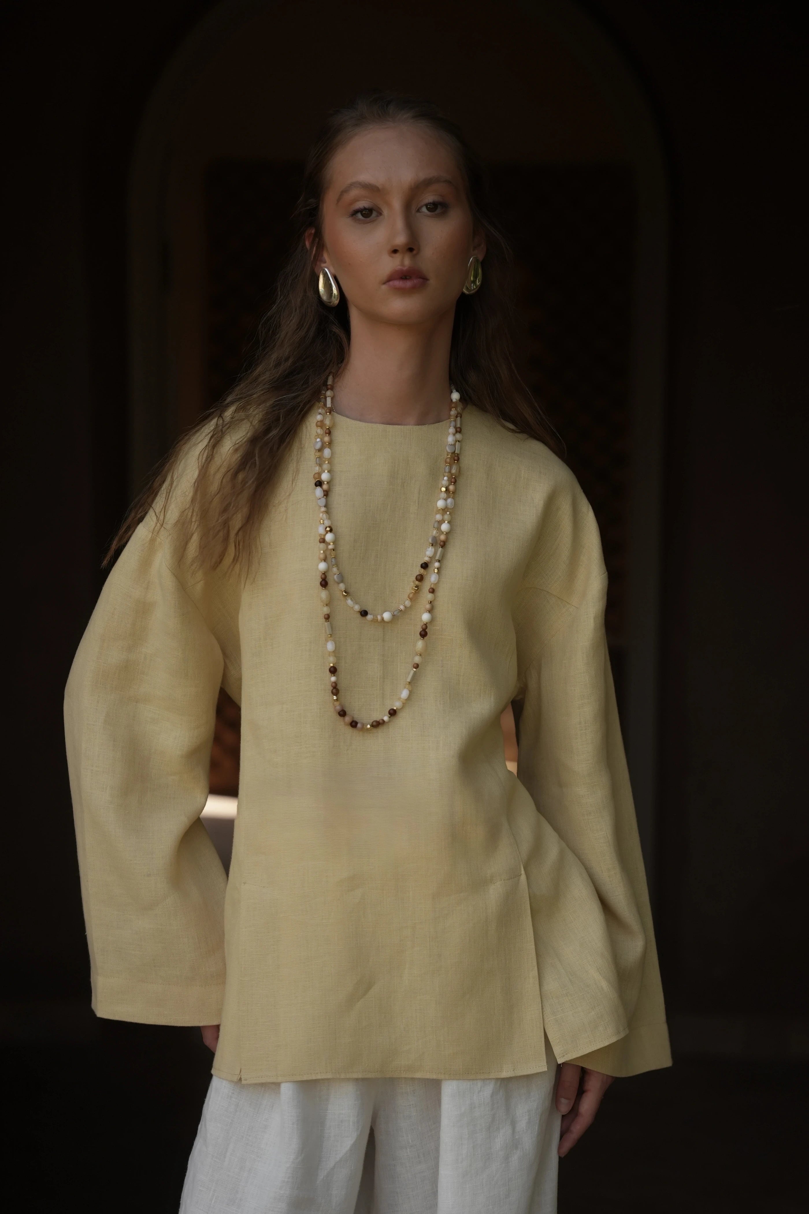 Double-Slit Organic Linen Blouse Yellow
