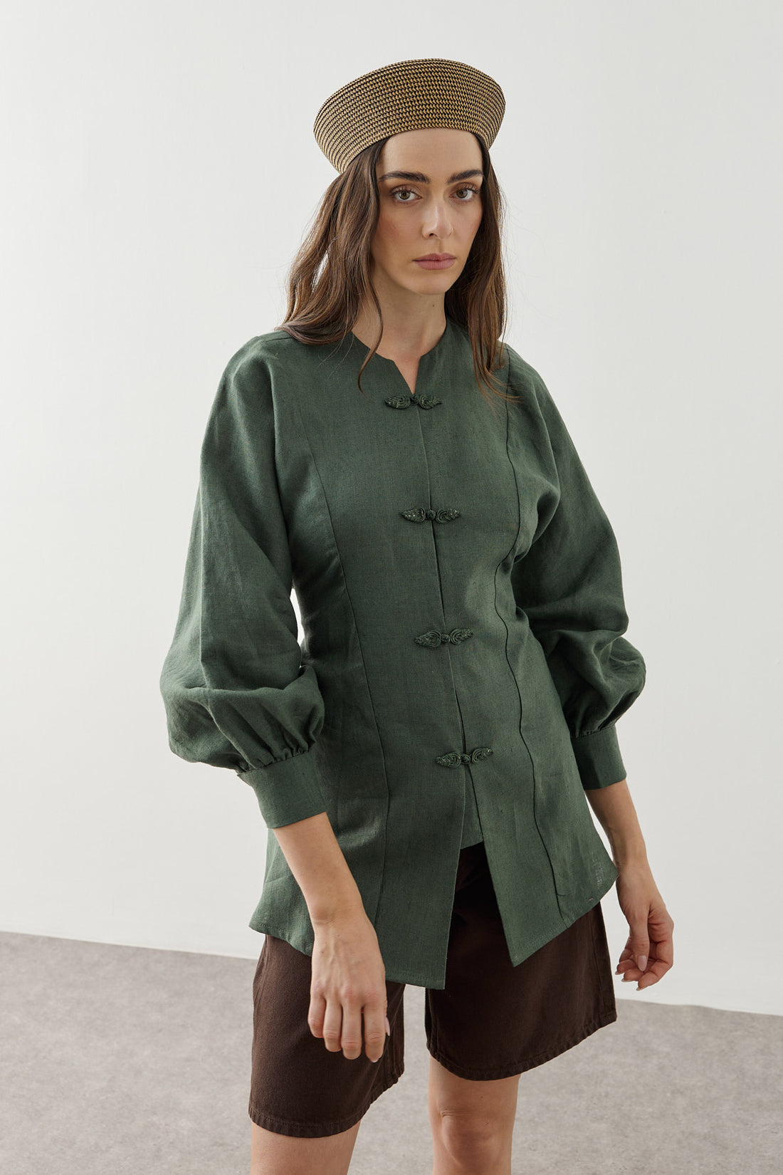 Linen Japandi Button-Up Shirt Jacket Dark Green