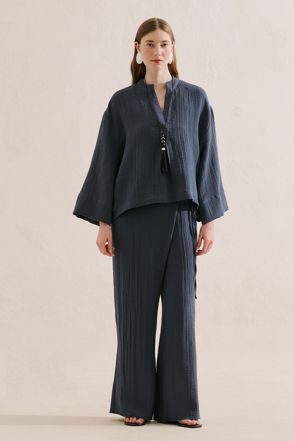 Muslin Wide-Sleeve Blouse Indigo