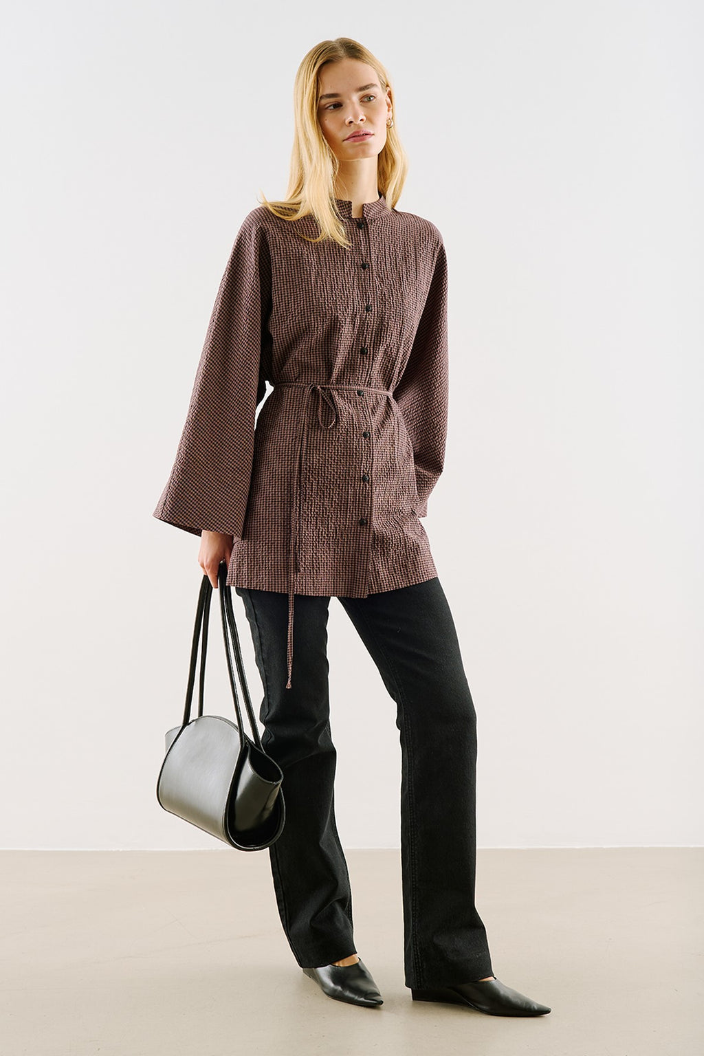 Wide-Sleeve Belted Tunic Brown