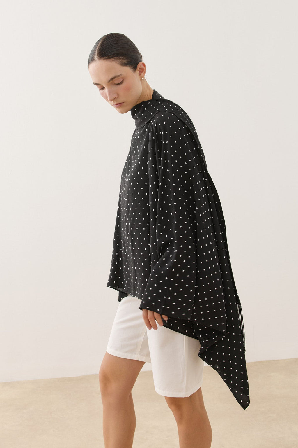 Polka Dot Poncho Blouse with Tassel Scarf Detail Black