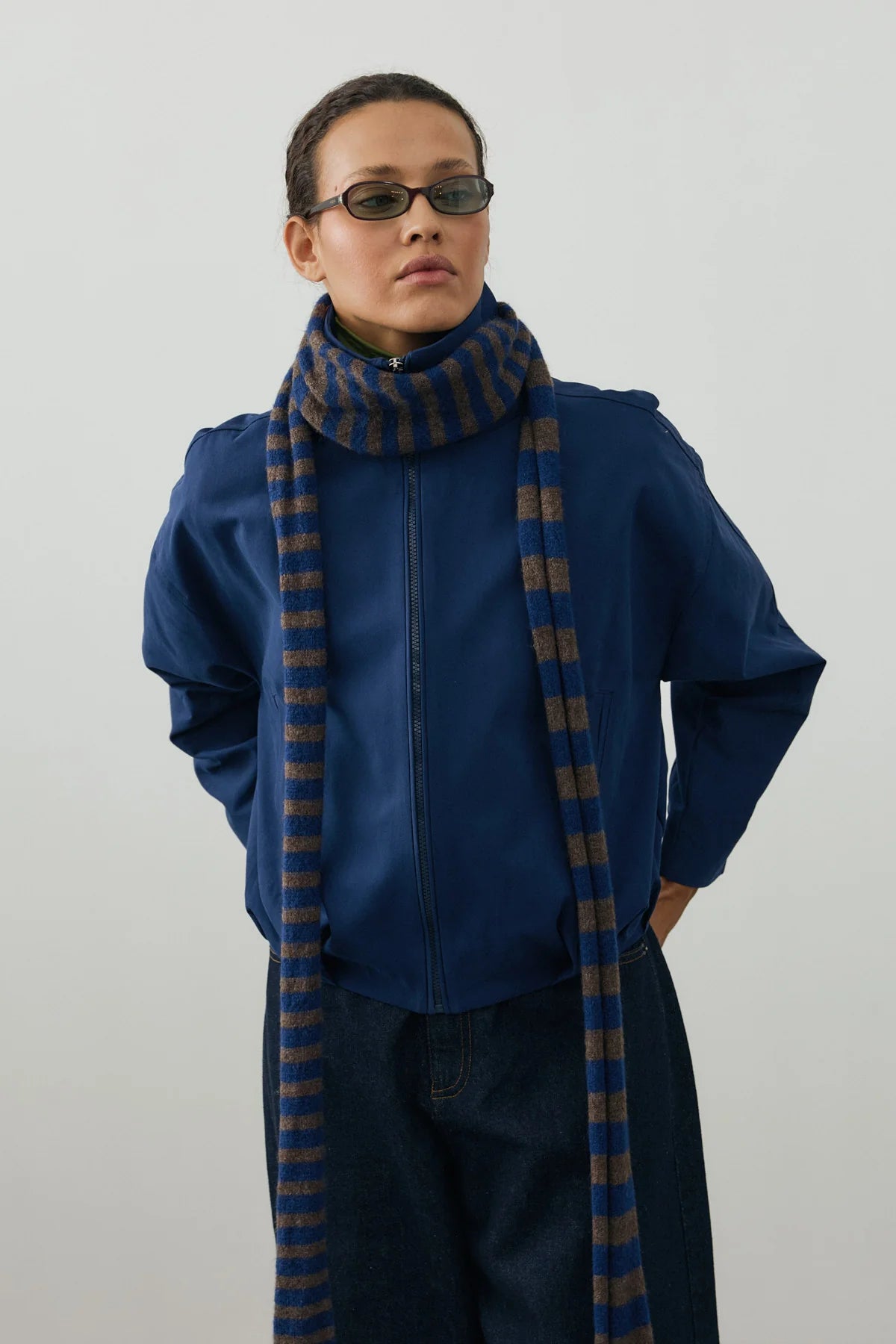 Striped Slim Scarf Royal Blue And Brownish Gray
